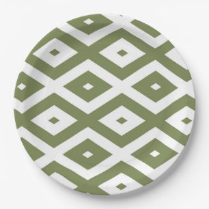 Prato De Papel Padrão de losango verde-oliva e branco