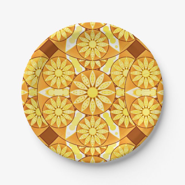 Prato De Papel Padrão de mandala, amarelo, dourado e marrom (Frente)