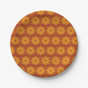 Prato De Papel Padrão de mandala amarelo real e vermelho