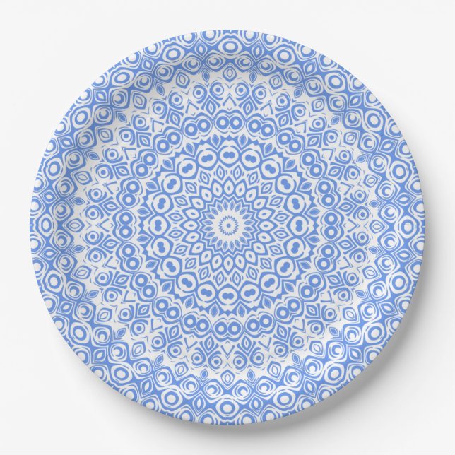 Prato De Papel Padrão de Mandala Azul Centáurea (Frente)