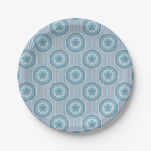 Prato De Papel Padrão de mandala azul sobre fundo listrado