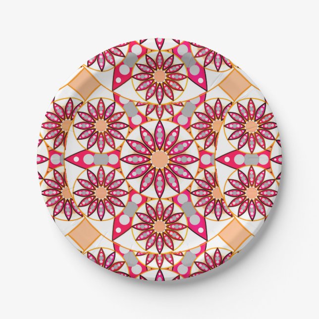 Prato De Papel Padrão de mandala, coral, pêssego, branco e cinza (Frente)