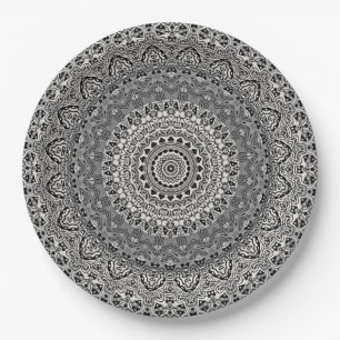 Prato De Papel Padrão de Mandala Geométrico Preto e Branco