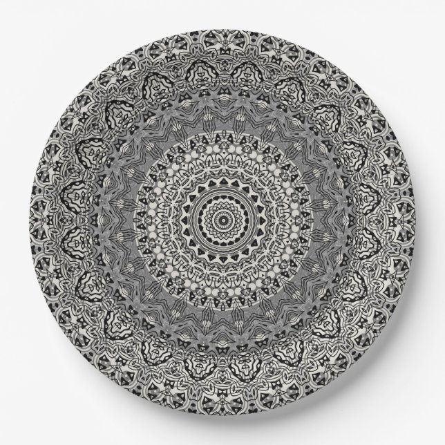 Prato De Papel Padrão de Mandala Geométrico Preto e Branco (Frente)