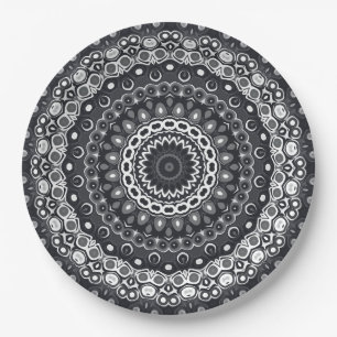 Prato De Papel Padrão de Mandala Monocromático Preto e Branco