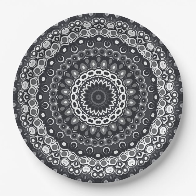 Prato De Papel Padrão de Mandala Monocromático Preto e Branco (Frente)