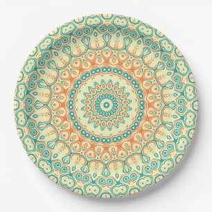 Prato De Papel Padrão de Mandala Tropical em Turquesa e Laranja