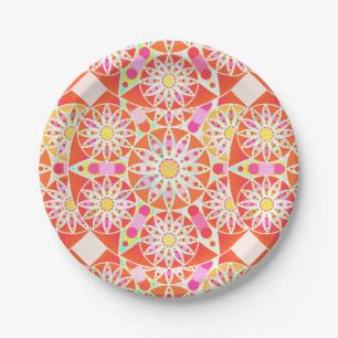 Prato De Papel Padrão de mandala, vermelho de coral, rosa, ouro