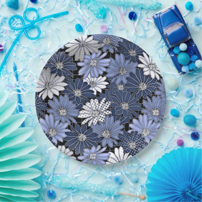 Prato De Papel Padrão de Margarida Azul e Branco (Festa)