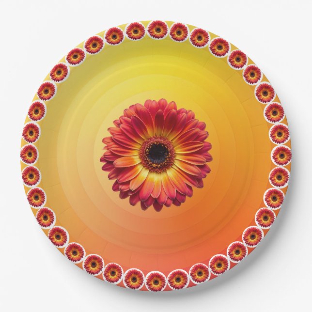 Prato De Papel Padrão de margarida Vermelha Gerbera com gradiente (Frente)