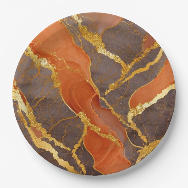 Prato De Papel Padrão de Mármore Laranja com Ouro (Frente)