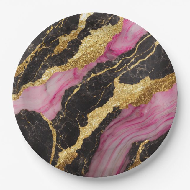 Prato De Papel Padrão de mármore preto rosa com ouro (Frente)