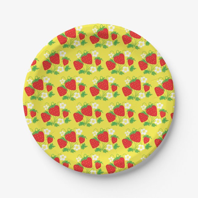 Prato De Papel Padrão de Morango e Flores Amarelo (Frente)