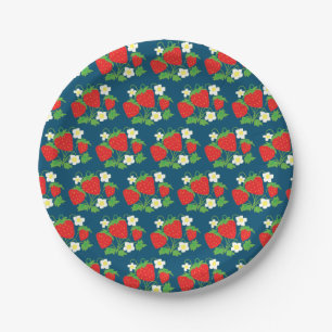 Prato De Papel Padrão de Morango e Flores Azul