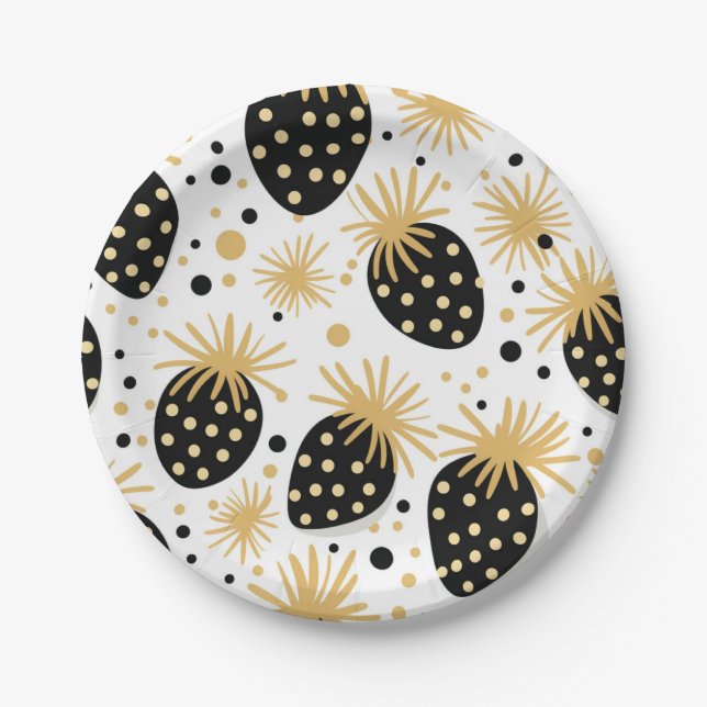 Prato De Papel Padrão de Morango Preto e Dourado (Frente)