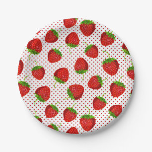 Prato De Papel Padrão de Morango Vermelho e Pontos