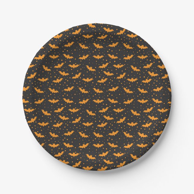 Prato De Papel Padrão de morcego de Halloween preto laranja (Frente)