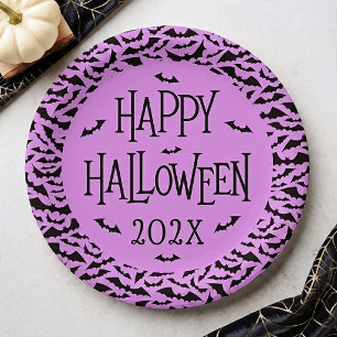 Prato De Papel Padrão de morcego roxo preto Feliz Halloween ano