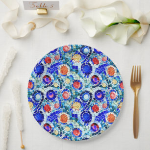 Prato De Papel Padrão de Mosaico Multicolorido inspirado no Gaudi