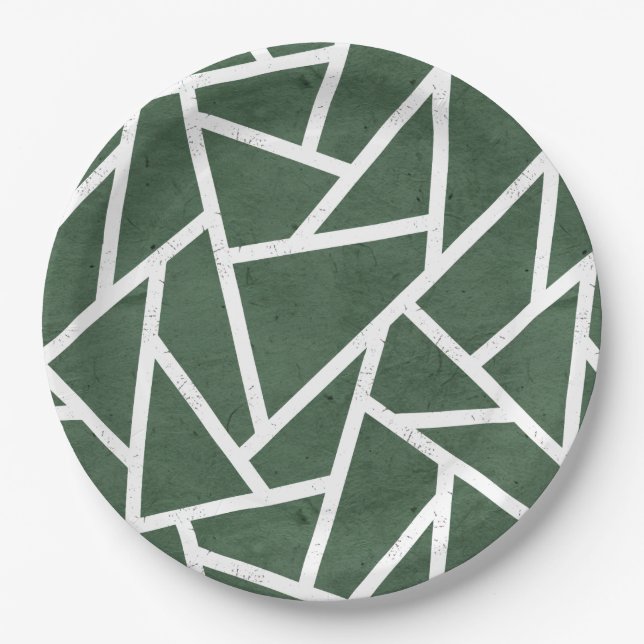 Prato De Papel Padrão de mosaico verde e branco (Frente)