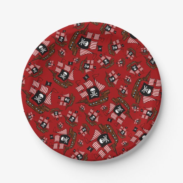 Prato De Papel Padrão de navio pirata vermelho (Frente)