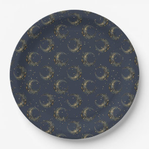 Prato De Papel Padrão de Noite Estrelada com Lua Celestial Dourad