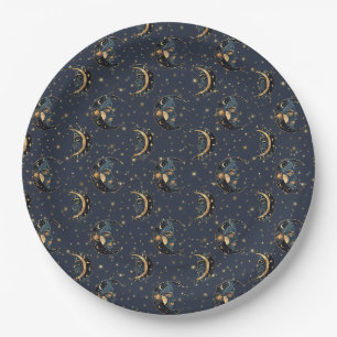 Prato De Papel Padrão de Noite Estrelada Lua Celestial Dourada (3