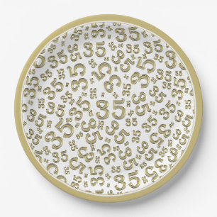 Prato De Papel Padrão de Número Aleatório Dourado/Branco de 35 An