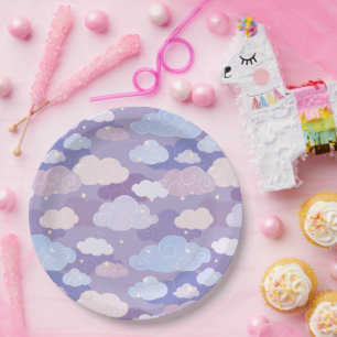 Prato De Papel Padrão de Nuvens e Estrelas de Pastel Whimsical
