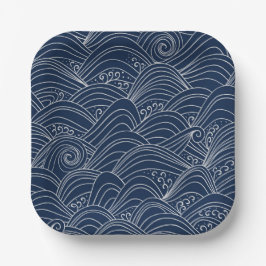 Prato De Papel Padrão de onda japonês motif azul escuro branco
