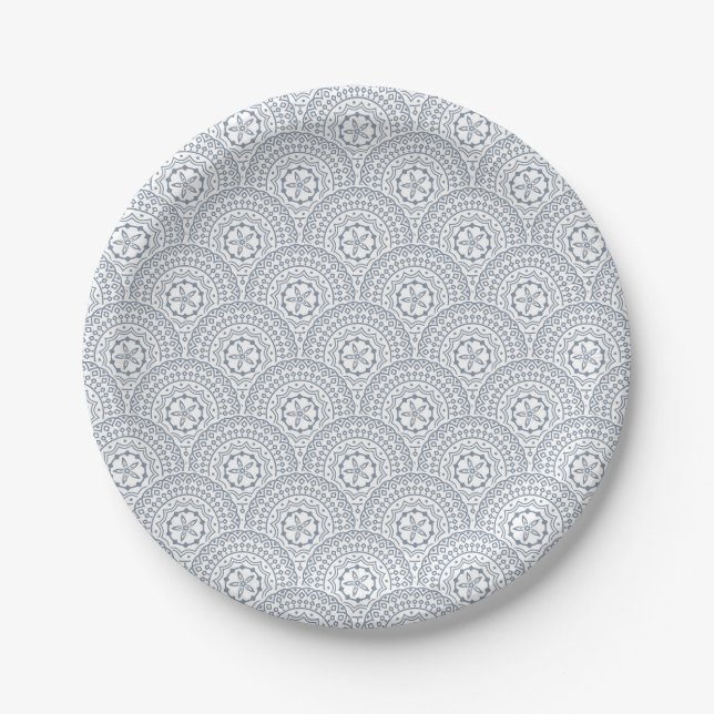 Prato De Papel Padrão de ondas de mandala azul sobre fundo branco (Frente)
