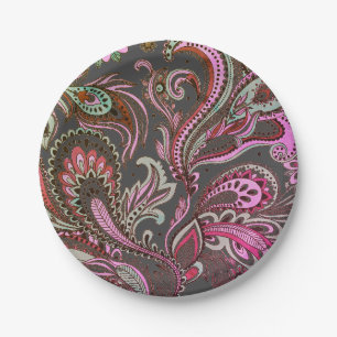 Prato De Papel Padrão de Paisley Preto, Rosa Púrpura Elegante