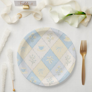 Prato De Papel Padrão de Patchwork Azul e Amarelo Festa de Bebê F