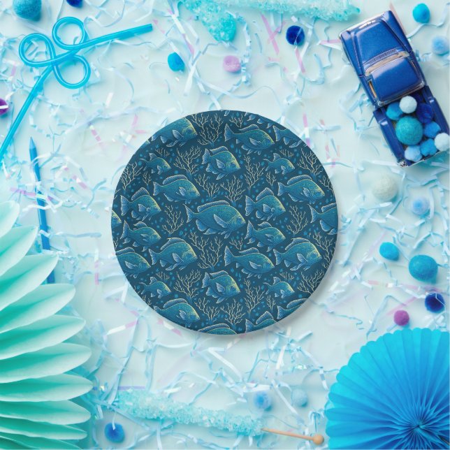 Prato De Papel Padrão de Peixe Azul (Festa)