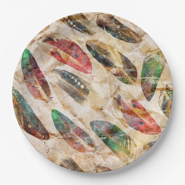 Prato De Papel Padrão de Penas de Boho com Distância (Frente)