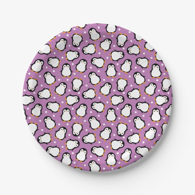 Prato De Papel Padrão de pinguim fofo Padrão roxo (Frente)