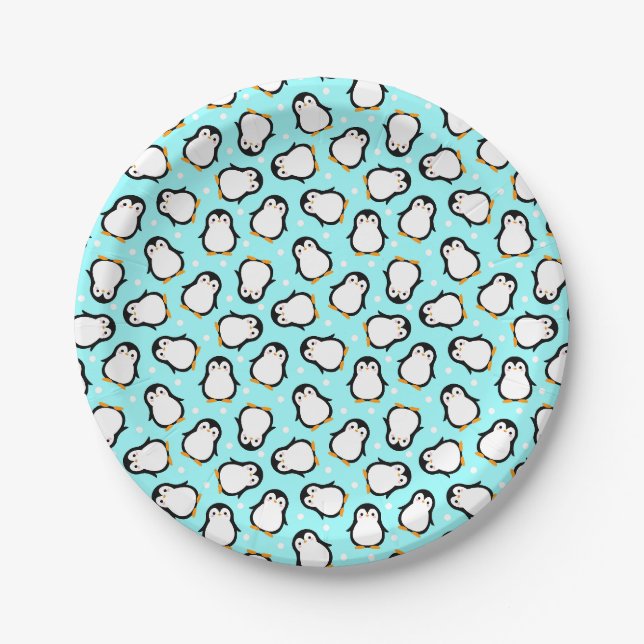 Prato De Papel Padrão de pinguim fofo padrão turquesa (Frente)