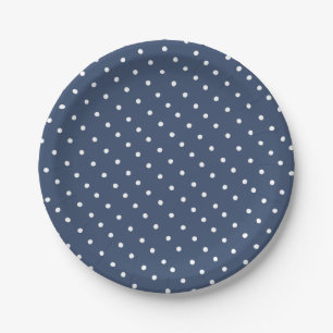 Prato De Papel Padrão de Pontos Simples Branco e Azul Marinho