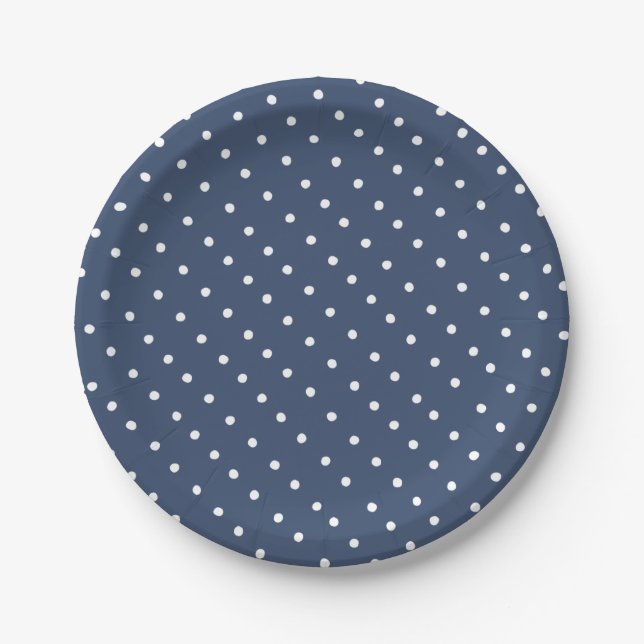 Prato De Papel Padrão de Pontos Simples Branco e Azul Marinho (Frente)