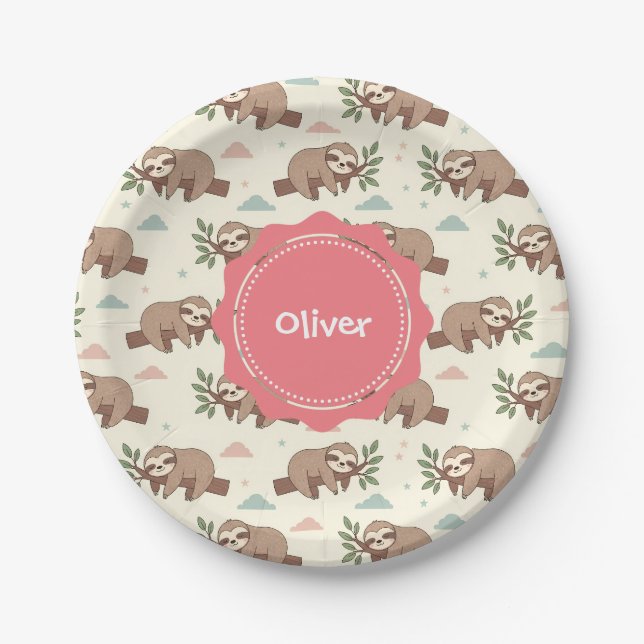 Prato De Papel Padrão de Preguiça Adormecida Fofa (Frente)