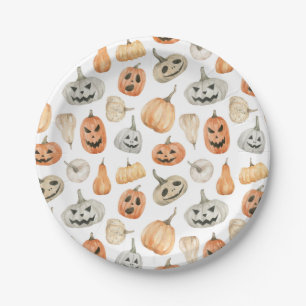 Prato De Papel Padrão de Pumpkin de Aquarela Divertida