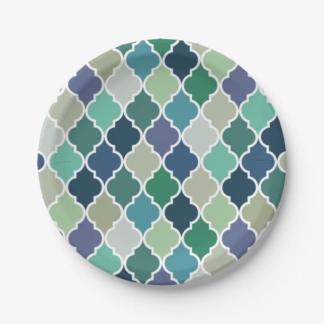 Prato De Papel Padrão de quatrefoil azul, verde e turquesa (Frente)