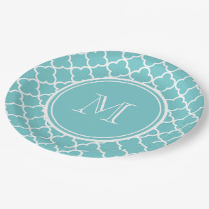Prato De Papel Padrão de Quatrefoil Teal, Seu Monograma