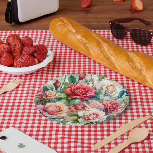 Prato De Papel Padrão de Rosa Caprichosa (Piquenique)