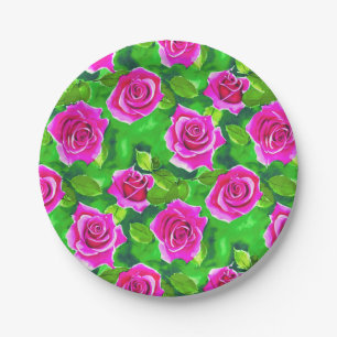 Prato De Papel Padrão de Rosa de Aquarela Rosa Fuchsia