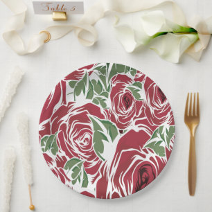 Prato De Papel Padrão de Rosa de Vintage Elegante - Floral Vermel