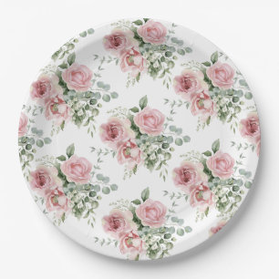 Prato De Papel Padrão de Rosa Rosa Bege em Aquarela