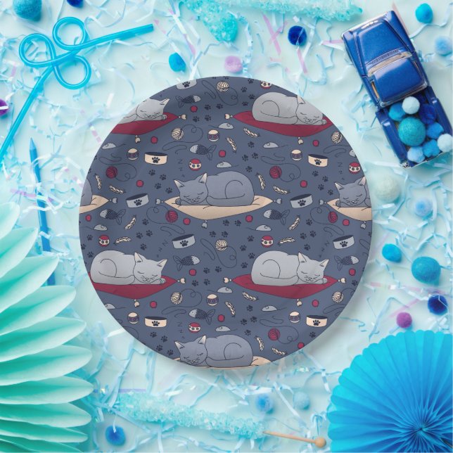 Prato De Papel Padrão de Sonhos de Gato Sonolento e Bonito (Festa)
