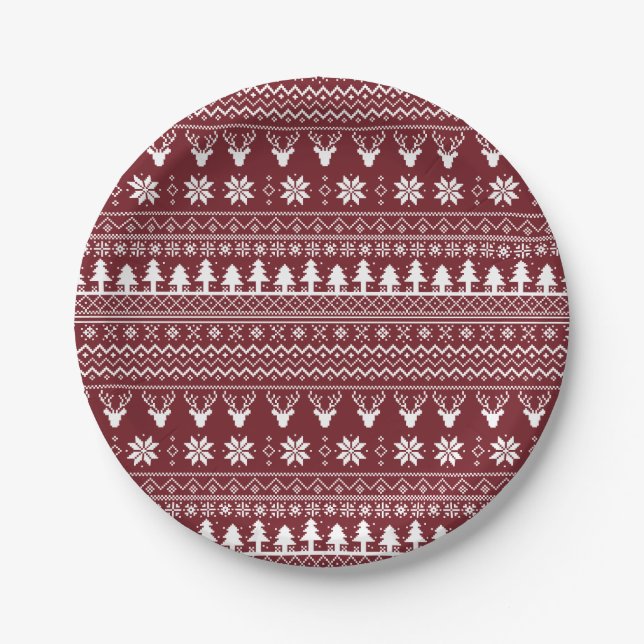 Prato De Papel Padrão de Suéter de Natal de Rena Vermelha Clássic (Frente)