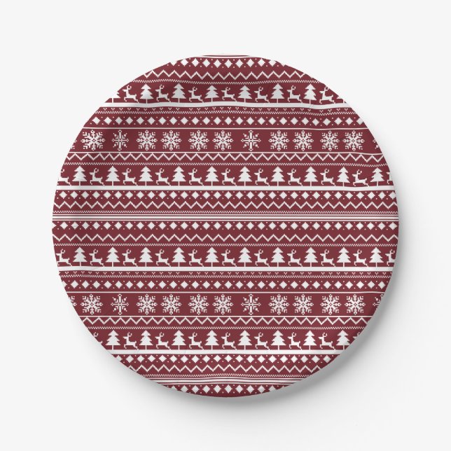 Prato De Papel Padrão de Suéter de Natal Vermelho Clássico (Frente)